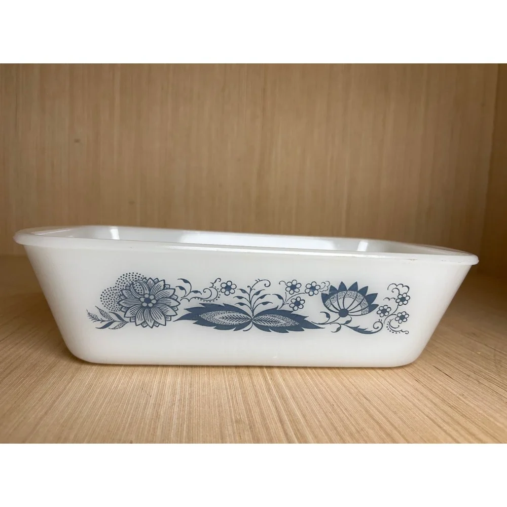 Vintage Glasbake Blue Floral Onion Milk Glass Loaf Pan J-522 Made in USA MCM